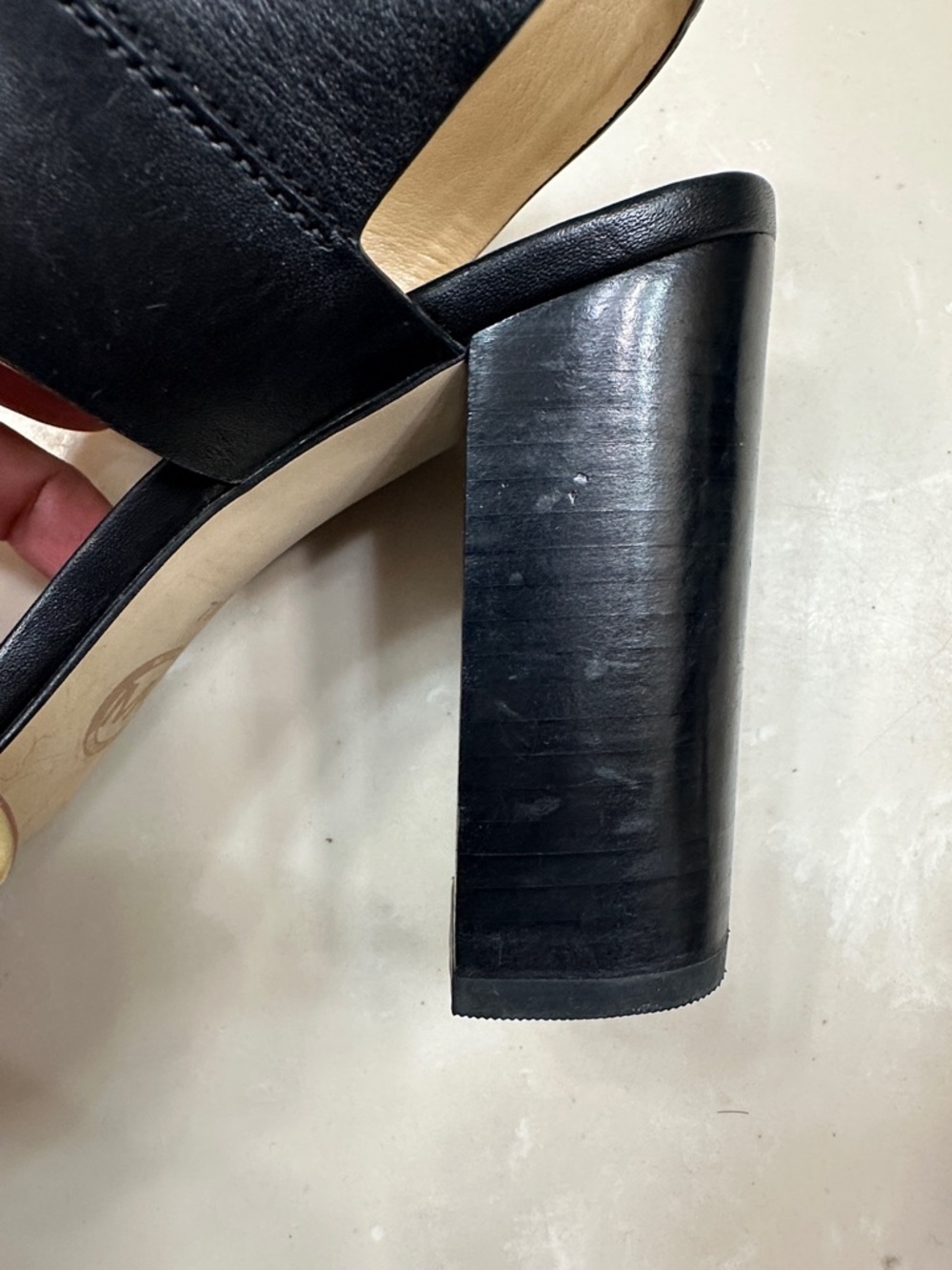 Michael Kors Black Leather Block Heel Sandals with Gold Buckle - Picture 4 of 8